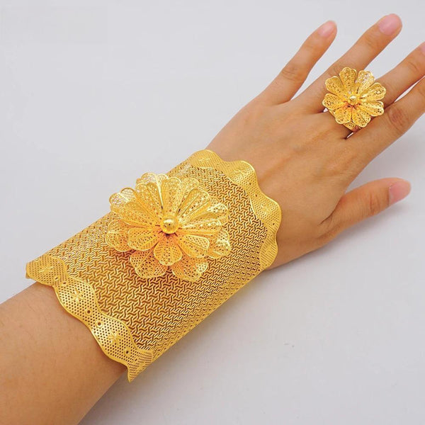 Brazalete y anillo de cadena de color dorado de Dubái para mujer A