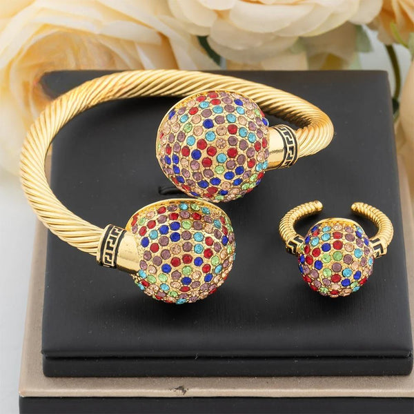 Brazaletes chapados en oro con anillo para mujer, pulsera con dijes y circonitas de colores.