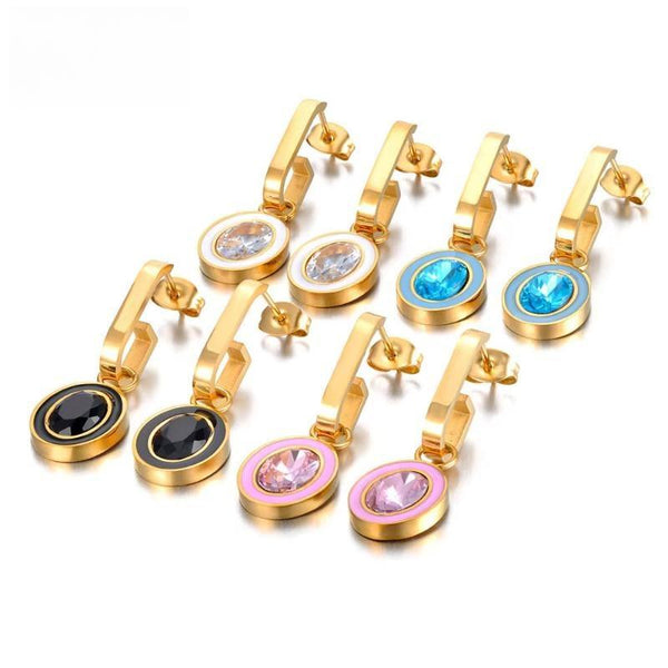 Pendientes ovalados de circonitas cúbicas brillantes en negro, blanco, rosa y azul