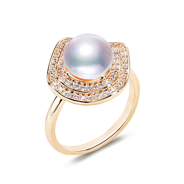 Anillo de compromiso cuadrado con perla de agua dulce natural y circonitas de diseño vintage, relleno de oro de 14 quilates.