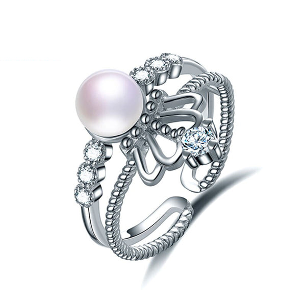 Anillo de perla natural genuina con cuervo de doble círculo