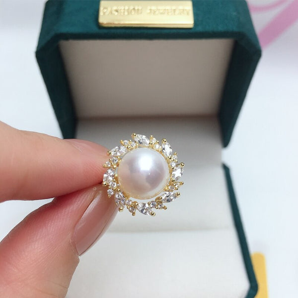 Anillo de perla natural con corona, moderno anillo de fiesta chapado en oro real de 14 quilates