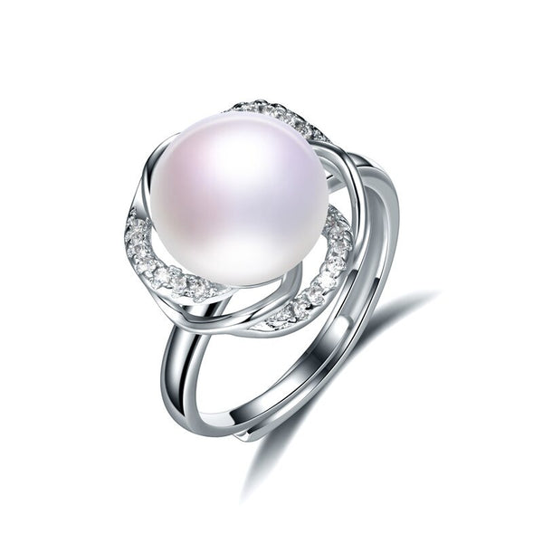 Anillo ajustable redondo de agua dulce con forma de pan blanco de alto brillo AAAA para mujer