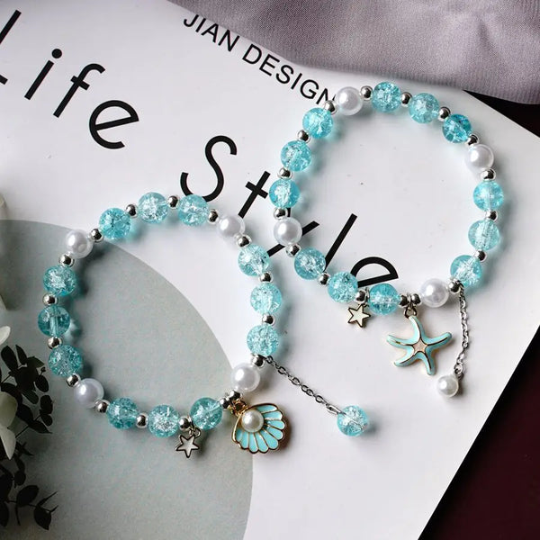 Pulsera de estrella de mar con palomitas de maíz y concha de perla de cristal, joyería de cristal para novias
