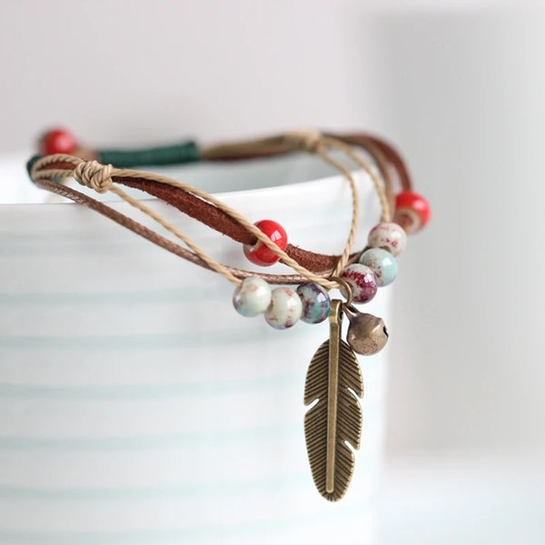 Pulseras de cuerda con cuentas de porcelana, hechas a mano, de bronce y cerámica original de estilo étnico.
