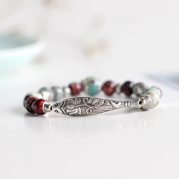 Pulseras de cuerda con cuentas de porcelana, hechas a mano, ajustables, de bronce y cerámica original, de estilo étnico.
