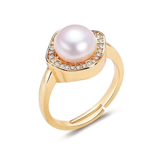 Nuevo anillo de perla relleno de oro de 14 quilates con circonitas vintage cuadradas.