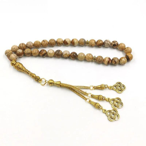 Natural Jasper Stone islamic Rosary Golden accessories 3 Chains Tassel Muslim prayer beads Gift