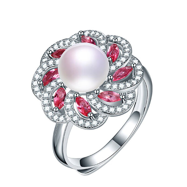 Anillo de perla natural de agua dulce AAAA multiflujo de color rojo rosa de 10-11 mm para mujer.