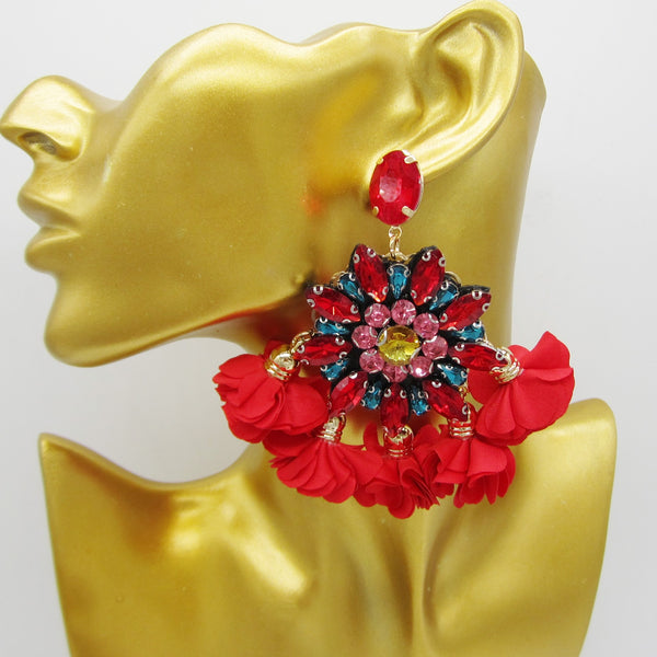 Pendientes bohemios con borlas y flores grandes para mujer, con cristales multicolores