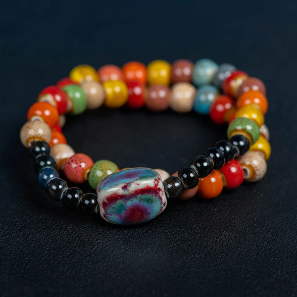 Pulsera de cerámica bohemia retro de colores de doble capa hecha a mano