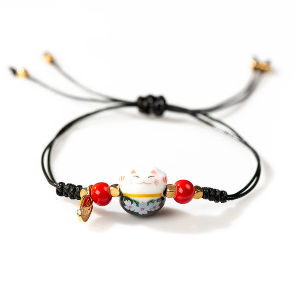Pulsera de gato de la suerte de cerámica tejida a mano para mujer