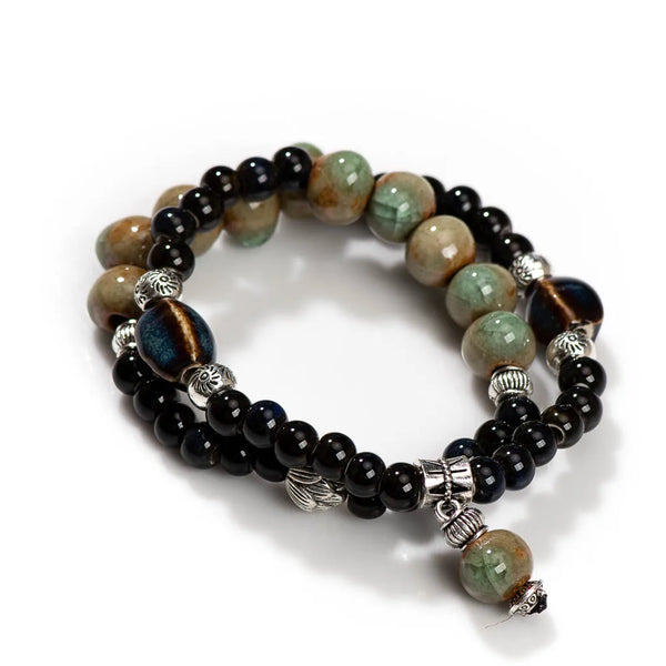 Pulsera antigua hecha a mano con cuentas de cerámica de hielo agrietado