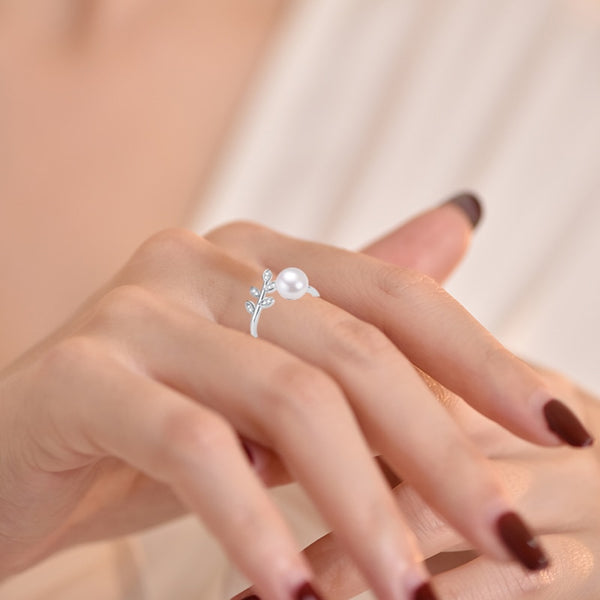 Anillo de perla de hoja, 100 % perla natural auténtica, color oro y plata, anillo de plata para mujer