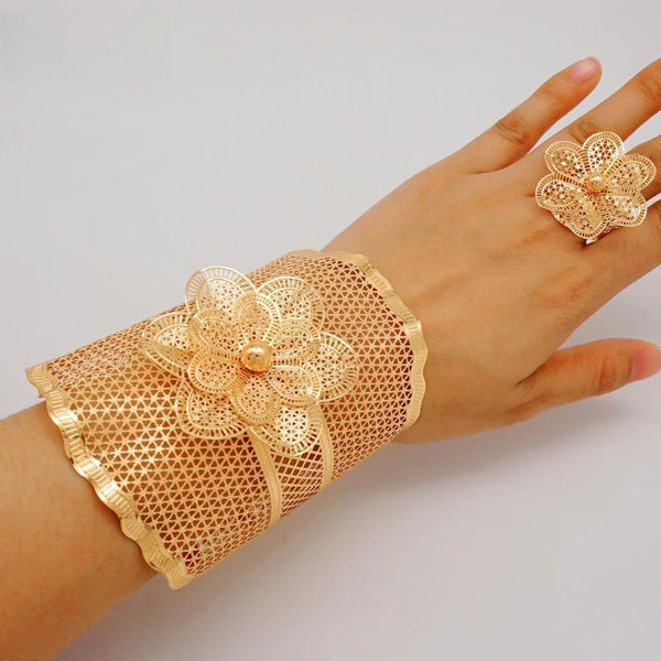 Brazalete y anillo de cadena ajustable en oro de Dubái para mujer