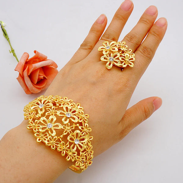 Brazalete etíope de Dubái, color dorado, con anillo para mujer