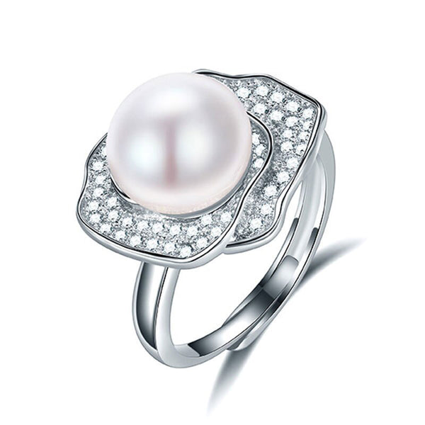 Anillo de perla natural de agua dulce AAAA de 10-11 mm con forma de flor para regalo de mujer
