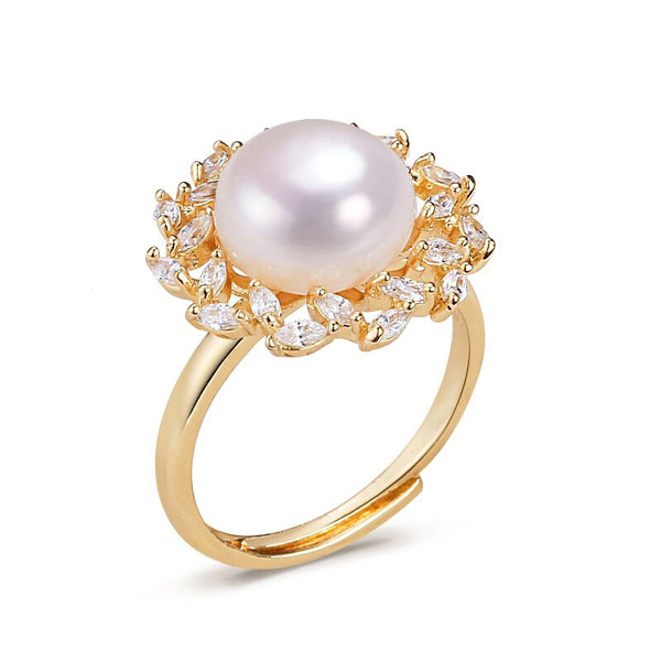 Anillo de perla redonda con diseño dorado de oro de 14 quilates y base de perla para mujer