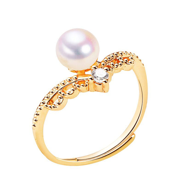 Anillo de perla fina con circonitas y corona de encaje chapada en oro de 18 quilates para mujer