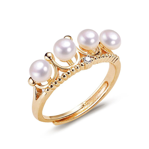 Anillo de compromiso con perlas naturales auténticas y corona bañada en oro de 14 quilates.