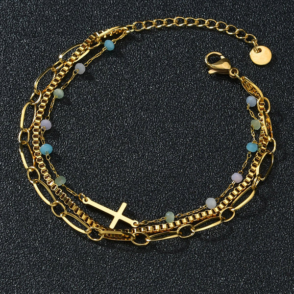Pulsera de acero inoxidable con tres cadenas y cuentas de colores