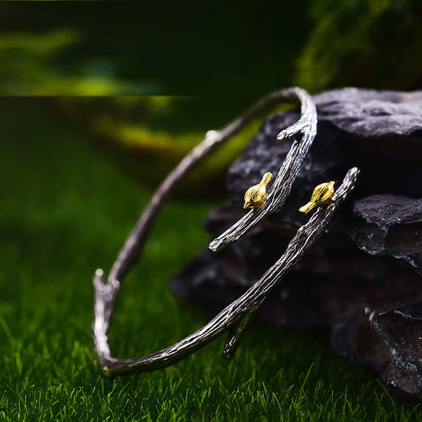 Pulsera ajustable de plata de ley 925 con forma de pájaro en rama para mujer