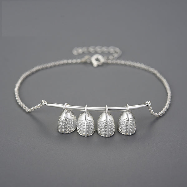 Pulsera étnica vintage de plata de ley 925 con forma de campana de pez para mujer
