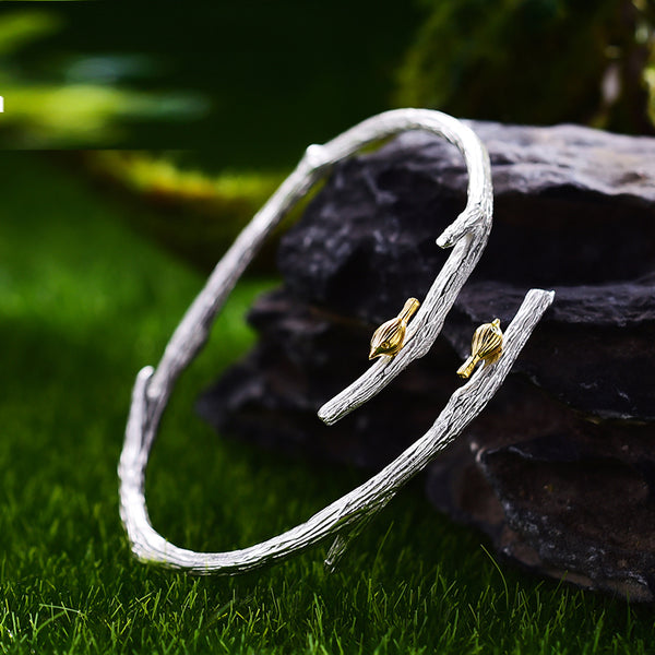 Pulsera ajustable de plata de ley 925 con forma de pájaro en rama para mujer