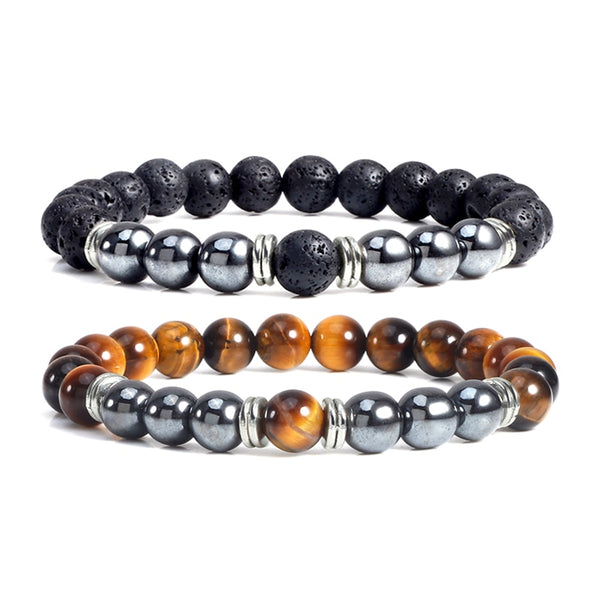 Pulseras y brazaletes de cuentas de lava de ojo de tigre de piedra de hematita natural para mujeres y hombres