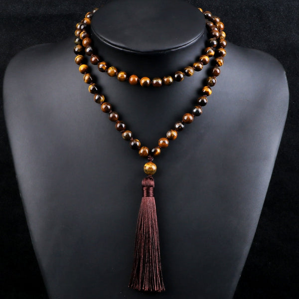 Collares de cuentas de moda para hombre, de 8 mm, con piedra de ojo de tigre natural, anudados, collares de mala budista tibetano.
