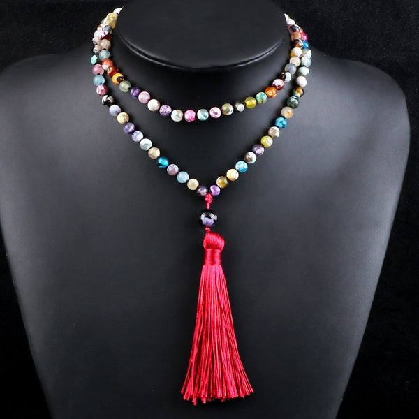 Collar bohemio de cuentas de ónix y ágata de fuego natural de 6 mm para mujer