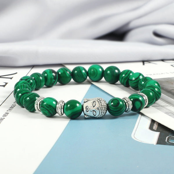 Pulsera con cabeza de Buda y cuentas de lava de ónix natural, brazalete de piedra de malaquita elástica, joyería hecha a mano