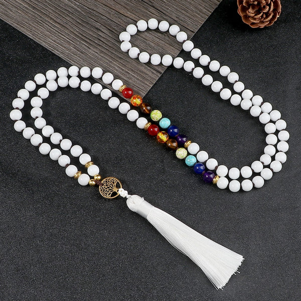Collar Reiki con Árbol de la Vida de 7 Chakras para Hombres y Mujeres, Cuentas de Energía Curativa Blancas Naturales de 8 mm