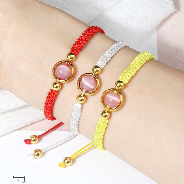Pulsera trenzada con cuentas de piedra de ojo de gato rosa para mujer, pulsera de hilo rojo