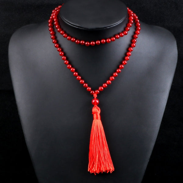 Gargantilla de cuentas de piedra de ónix rojo, collar mala 108 para mujer