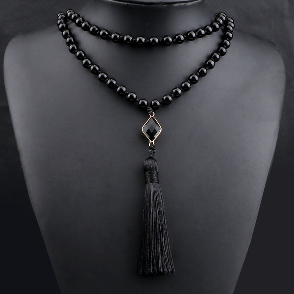 Collares de cuentas de ónix negro natural de 8 mm para parejas, collares con dijes de piedra natural para mujer