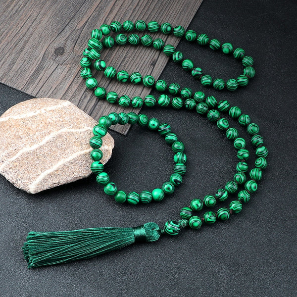 Juego de 2 pulseras de oración de Buda Mala con cuentas de piedra de malaquita verde natural