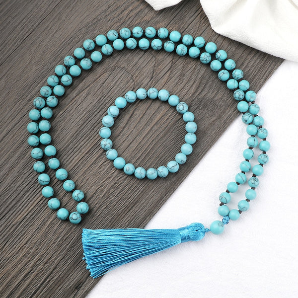 Conjunto de collar y pulsera Japamala 108 con cuentas de piedra azul natural anudadas de 8 mm