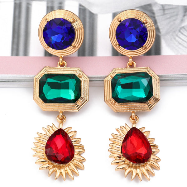 Pendientes largos colgantes de diamantes de imitación con cristales de colores para Navidad