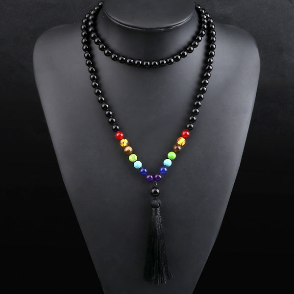 Collares de moda 108 Mala con 7 chakras para hombre, cuentas de lava de piedra natural de ónix negro de 8 mm, collares para mujer