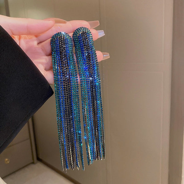 Nuevos pendientes largos con borlas azules y diamantes de imitación para mujer