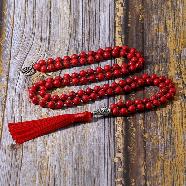 Collar Mala anudado con cuentas de turquesa roja de 8 mm, joyería para meditación, yoga, bendición y sanación.