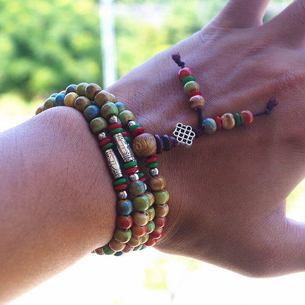Pulsera de chakras del budismo tibetano con 108 cuentas de cerámica