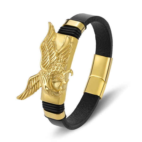 Pulsera magnética de cuero negro dorado con águila para hombre