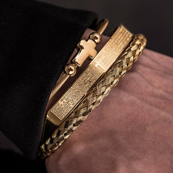 Pulsera española con dije de cruz tallada de hip hop para hombre
