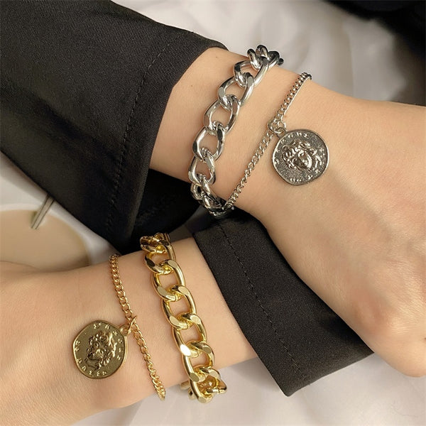 Pulsera de cadena gruesa con moneda y retrato de metal punk para mujer