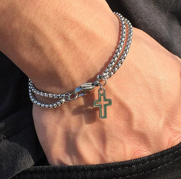 Pulsera de cadena rolo de doble hebra con dijes de cruz