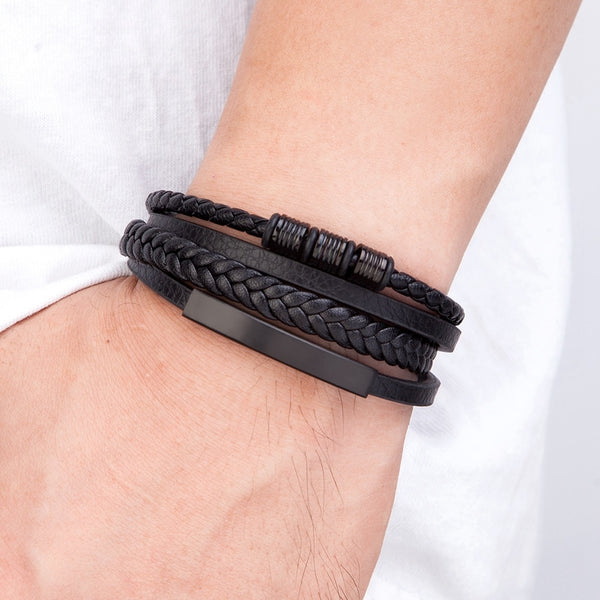 Pulsera de cuero multicapa tejida a mano de nuevo estilo para hombre.