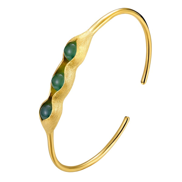 Pulseras de plata de ley 925 con diseño creativo de vainas de guisantes y piedras verdes naturales