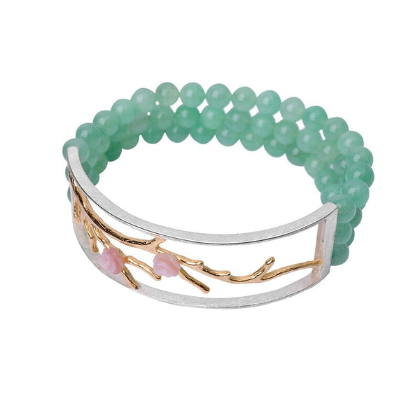 Pulsera vintage de cuentas de flor de ciruelo en plata de ley 925 para mujer